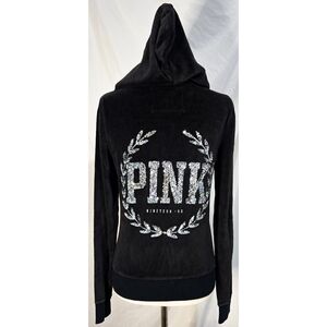 Pink Victorias Secret Velour Velvet Hoodie Y2K Sequin Logo Black Zipper